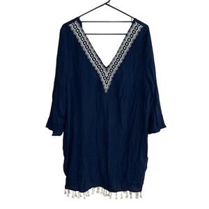 Boho Tassel Hem Swim Cover Up Kona Sol Navy Embroidered Beach Dress XL
